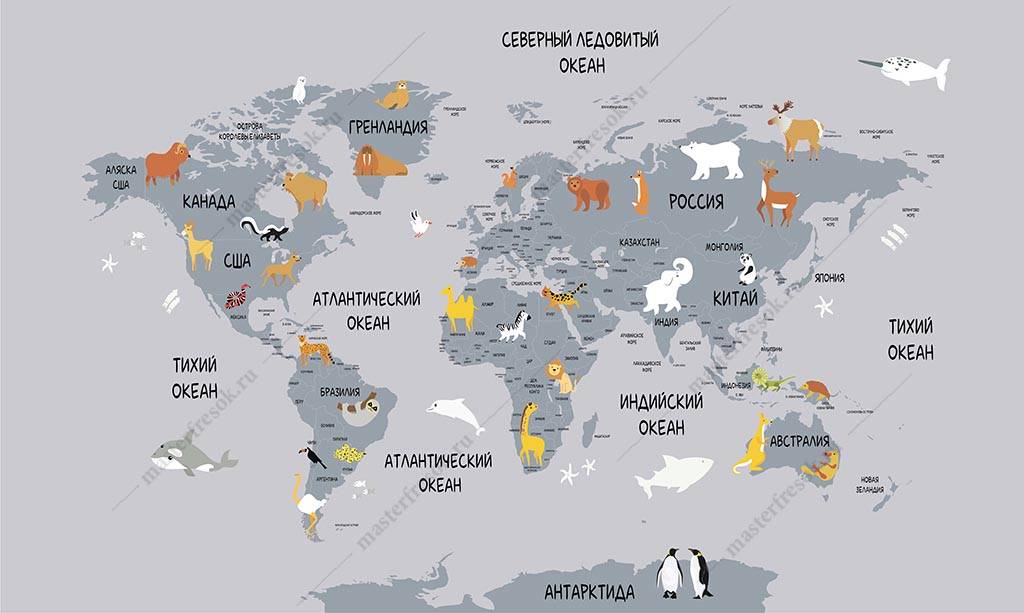 Фотообои Карта мира детская с животными